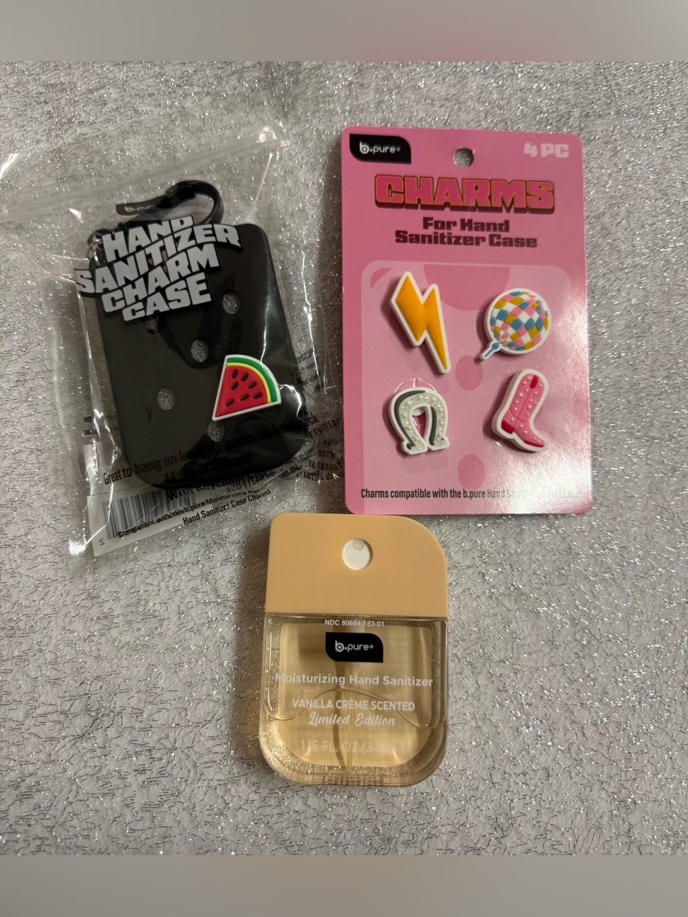 Pur Black Hand Sanitizer Charm Case with Pink Charm Pack and Beige Sanitizer